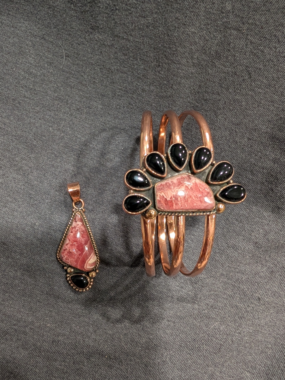 Copper Pink Stone And Onyx Cuff Bracelet with Matching Pendant